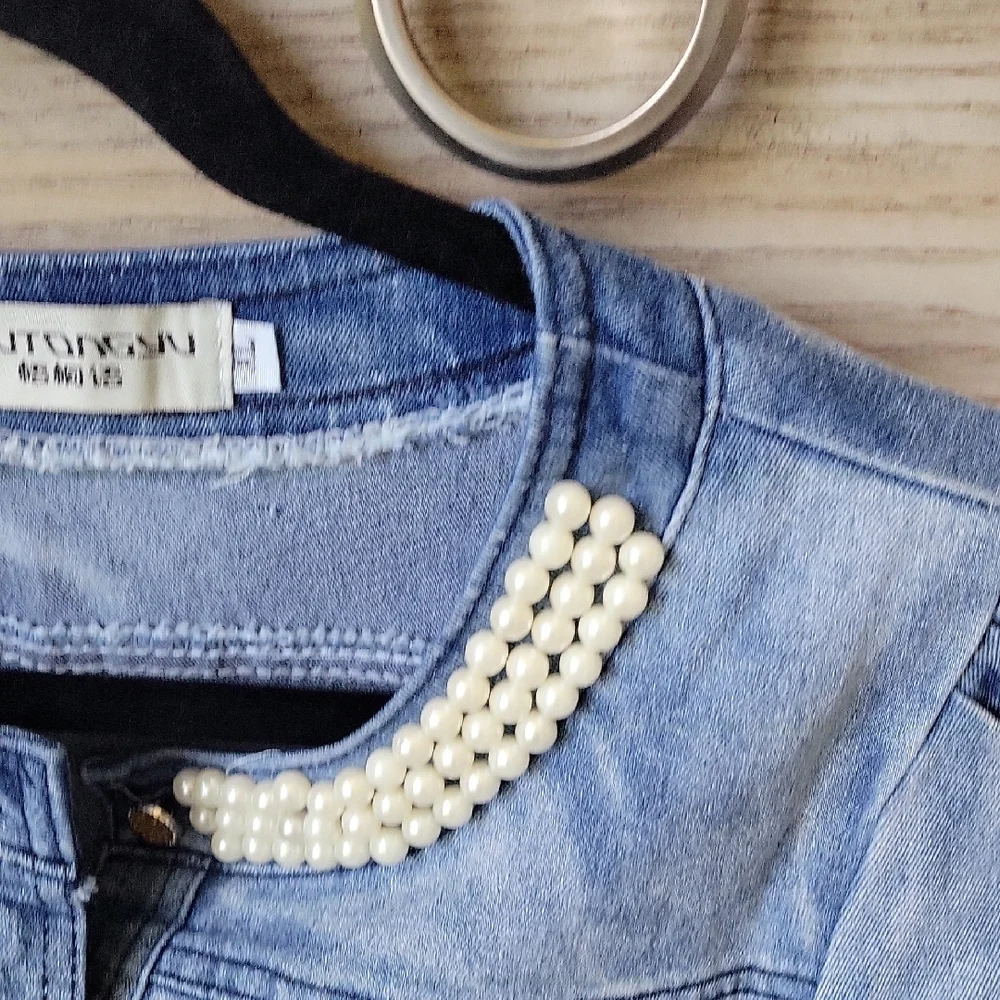 Jean Jacket Button Front With Lace And Pearl Embellishment - Picture 2 of 8